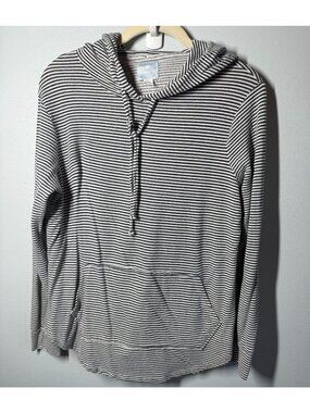 Sunday Womens Small Navy Blue Striped Hoodie Lightweight Pullover Front Pocket